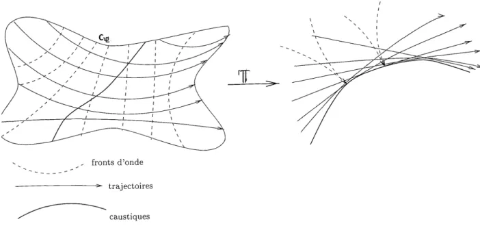 Fig. 2.2: Le front d'onde, la caustique et les trajectoires [27].