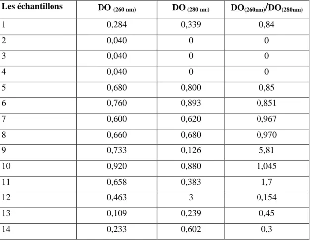Tableau 2 : Les densités et rapport de l’évaluation de la pureté des échantillons d’ADN  Les échantillons  DO  (260 nm) DO  (280 nm) DO (260nm) / DO (280nm) 1  0,284  0,339  0,84  2  0,040  0  0  3  0,040  0  0  4  0,040  0  0  5  0,680  0,800  0,85  6  0,