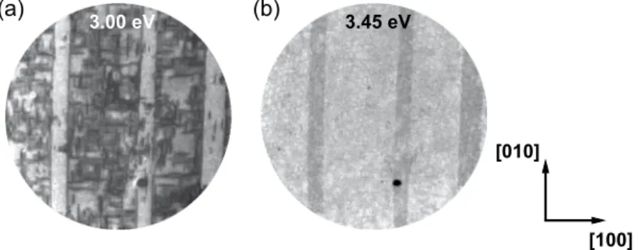Figure 1.  PEEM images at E-E F =  3.00 and 4.45 eV at 300 K, showing contrast inversion in the intensity of the  broad vertical stripes due to the difference in the local photoemission threshold