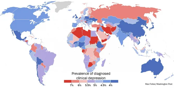Figure 1 : Prévalence du nombre de personnes diagnostiquées dépressives dans le monde