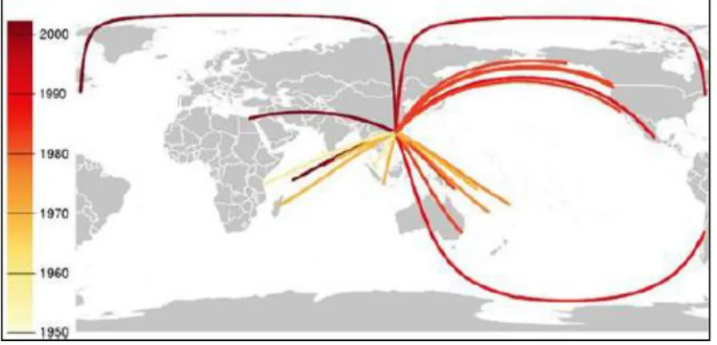 Figure  21  : Carte des captures mondiales d'holothuries exportées vers Hong Kong (La couleur  indique l'année de départ de la pêche (Sanderson et al., 2011)