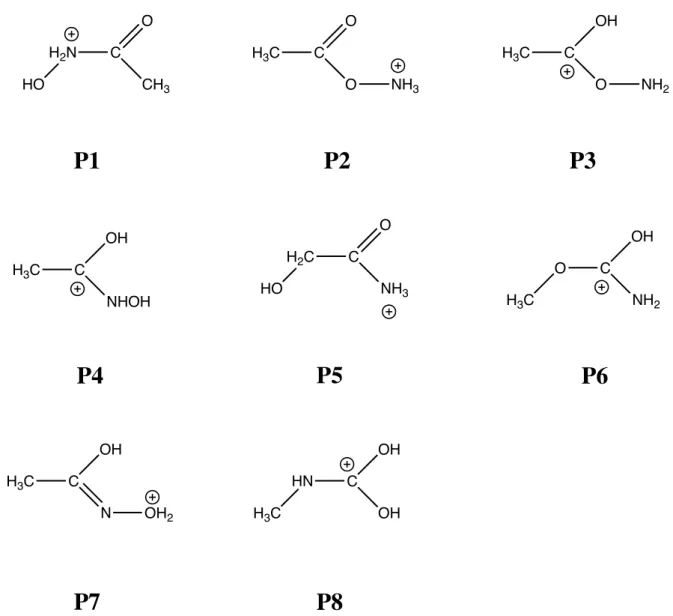 Figure  3.  Chemical  structures  of  the  m/z  76  ions  obtained  from  NH 3 OH + /NH 2 OH 2 +   +  CH 3 COOH collisions