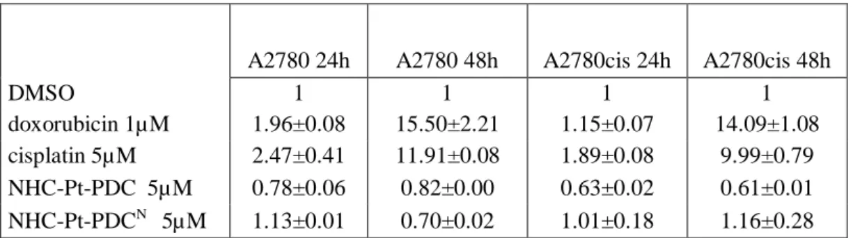 Table  3  Caspases  3  activation  experiments.  A2780  and  A2780cis  cells  were  seeded  in  96w  microplates,  treated for 24 h and 48 h with 1µM doxorubicin or 5µM cisplatin and complexes dissolved in DMSO or with  vehicle only