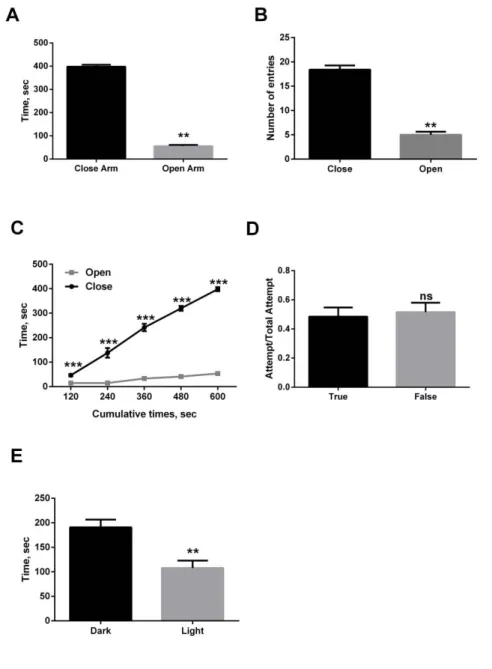 Figure 3 . Results of behavioral test; plus maze (A, B, C, D) and light dark test (E) on C57Bl6J  mice (n=5)