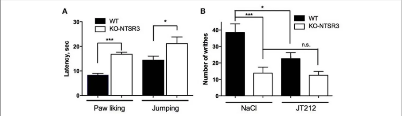 FIGURE 4 | Analgesic responses of WT and NTSR3/sortilin KO mice (A) Hot plate test, mice were placed on a plate at a temperature of 55 ◦ C