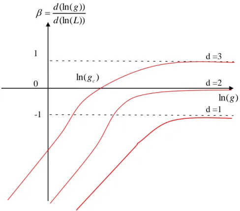 Fig. II.21.  Représentation schématique de la fonction d’échelle  (g ) . L’apparition de la  dimension critique d*=2 au delà de laquelle la transition métal-isolant se produit à 