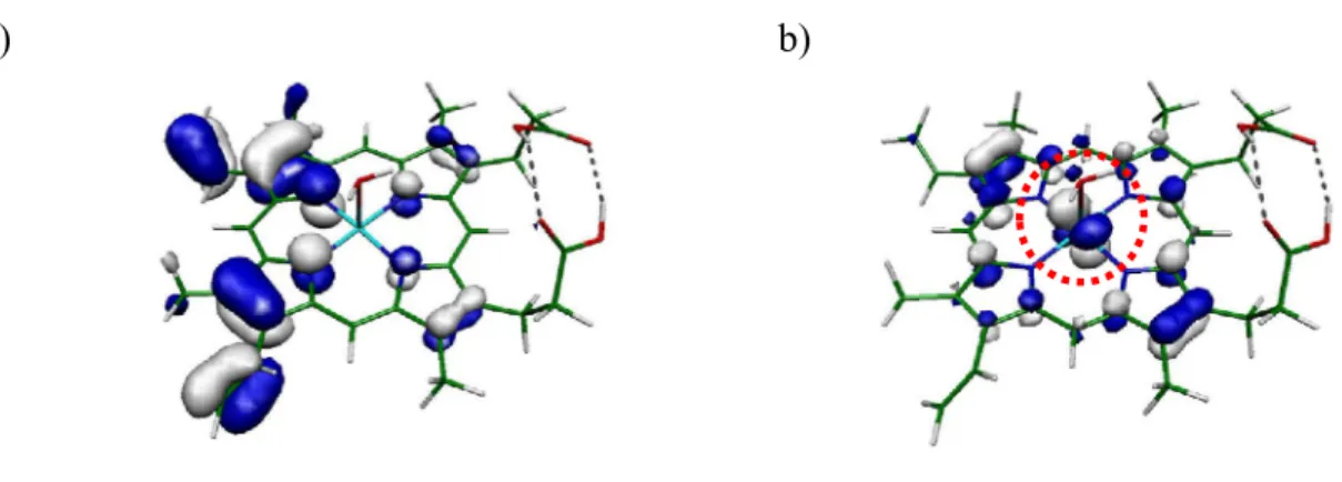 Figure 8- Kohn-Sham molecular orbitals involved in the 622.17 nm transition of [PP-Fe III -H 2 O] +  (61% 