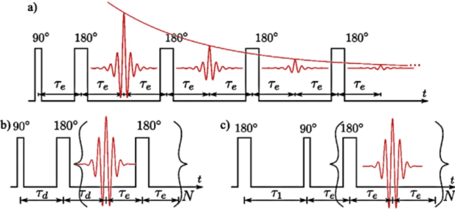 Fig. 2. Pulse sequences used to measure: (a) the transverse relaxation times T 2 , (b) the self-diffusion coefficients, D t , and (c) the longitudinal relaxation times T 1 
