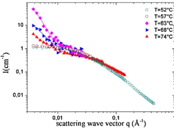 Fig. 6. Scattering intensity of PMAA solution at 80 g.l −1 at different temperatures below and above the cloud-point temperature (T c ≈ 60°C).
