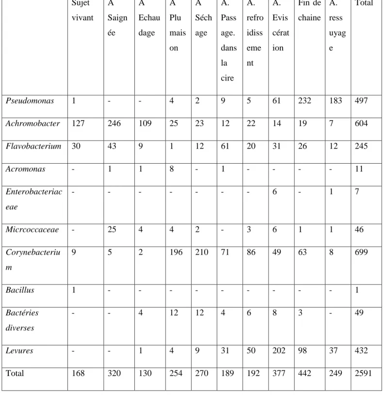 Tableau 8 :  Répartition par types des souches isolées en fonctions des postes  Sujet  vivant  A  Saign ée  A  Echaudage  A  Plu mais on  A  Séchage  A