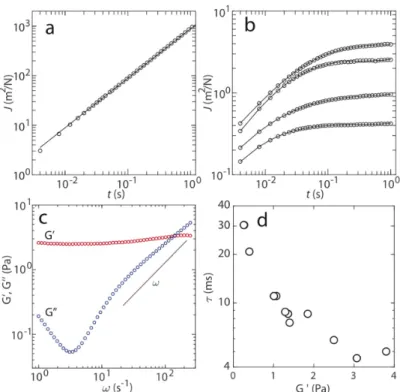Figure 5. (a) Creep compliance J versus time t at 296 K of the model system without CTR