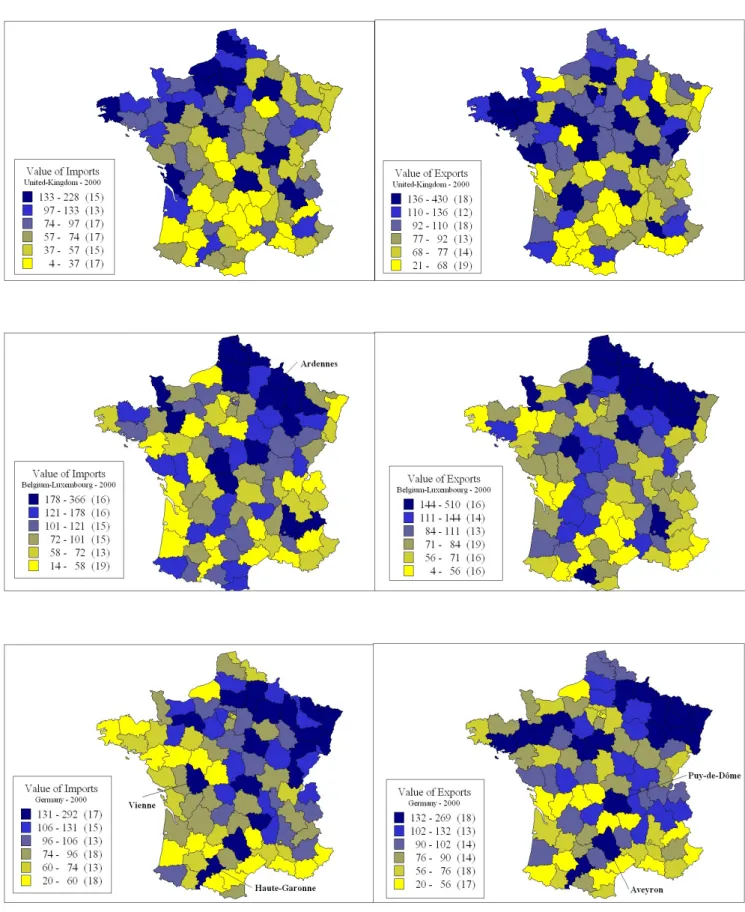Figure 2: Trade specialization of French regions with respect to: United-Kingdom (top), Belgium- Belgium-Luxembourg (middle) and Germany (bottom)