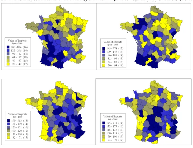 Figure 1: Trade specialization of French regions with respect to: Spain (top) and Italy (bottom)