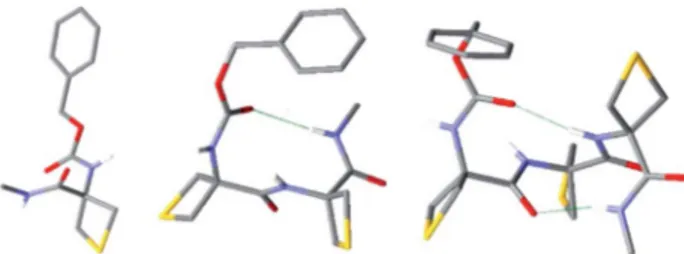 Fig. 5 X-ray crystal structures of 1 – 3 (left to right). Only one of the three molecules in the unit cell is shown for 2