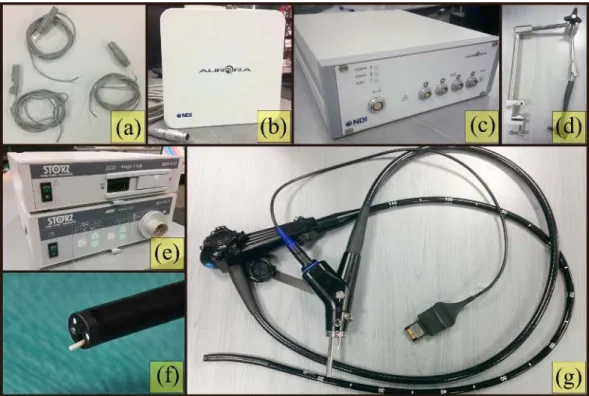 Figure 3.1: (a) Titanium arm to mount the EMFE; (b) Storz video acquisition interface; (c) NBI Aurora ® EMFE; (d) Storz dual-channel gastroscope; (e) 3 Aurora 6DOF cable tools, the EM sensors; (f) the EMCI for interfacing the EMTS with the computer.