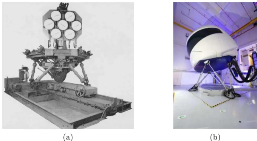 Figure 1.3 – The tire testing machine developed by Gough on the left, and a modern ﬂight simulator on the right [Airbus 2010].