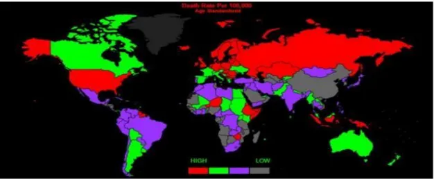 Figure  13:  Répartition géographique du taux démortalité du cancer de  l’ovaire (World HealthRankings) [Sonia ,2017]