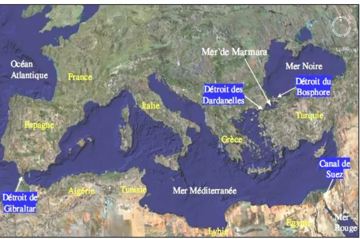 Figure 2 : Géographie de la mer Méditerranée (Google earth, 2018) (modifie). 