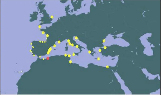 Figure 4:Distribution générale de  Pachygrapsus marmoratus en point jaune .                                  Présent travail en point rouge.[4] 