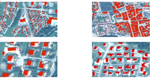 Figure 3.1: Fragments of the Forez training set (red: building), derived from Open- Open-StreetMap.