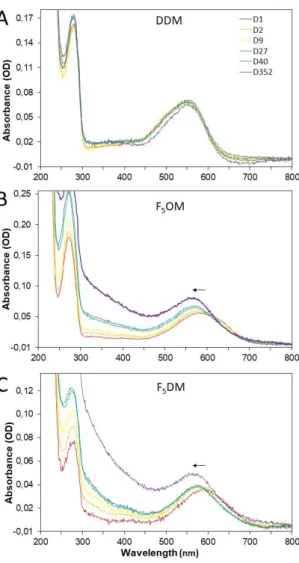 Figure 7. Spectral time course of bR collected from the gradients in (A) DDM, (B) F 5 OM and  (C) F 5 OM
