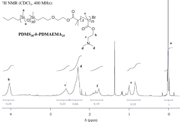 Figure 2.  1 H NMR spectra of PDMS 38 -b-PDMAEMA 25  in CDCl 3 