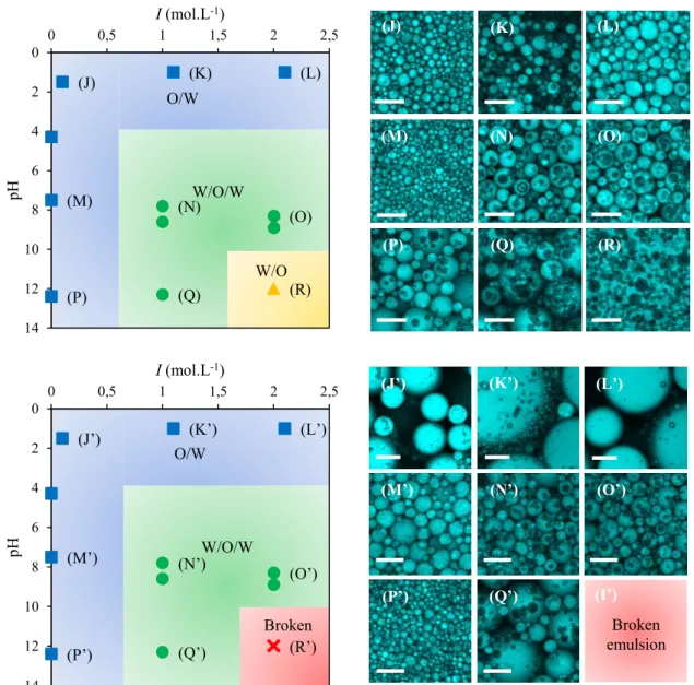 Figure 6. Emulsion type diagrams and fluorescence confocal microscopy images for water –  isopropyl myristate emulsions stabilized by PDMS 38 -b-PDMAEMA 25  a
