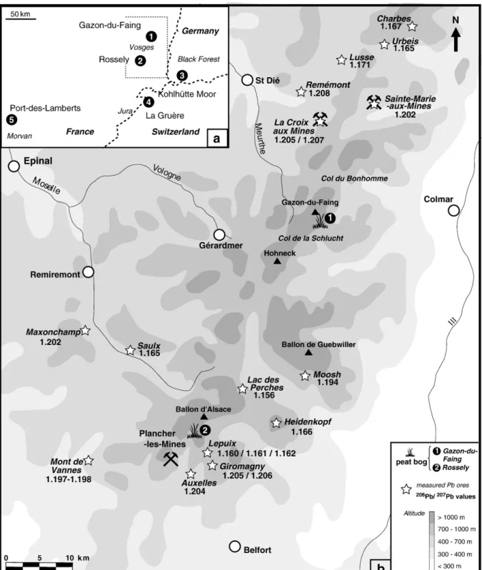 Fig. 1. (a) Geographical situation of the two sites studied, together with other peatlands previously studied (Shotyk et al., 1998; Monna et al., 2004a; Le Roux et al., 2005); (b) Map of Vosges Mountains and sampling sites