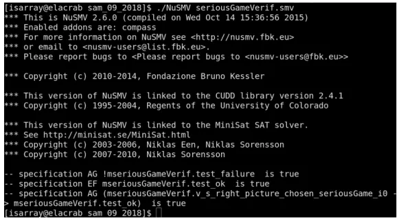 Figure 4.6 – R´ esultats de la v´ erification des propri´ et´ es dans le model-checker NuSMV