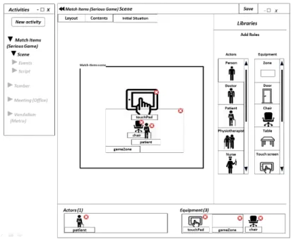 Figure 3.5 – Format graphique de la description du jeu s´ erieux de notre cas d’utilisation : description de la situation initiale de l’activit´ e, ` a gauche on trouve la fenˆ etre qui liste les activit´ es d´ ej` a d´ efinies et permet d’en rajouter