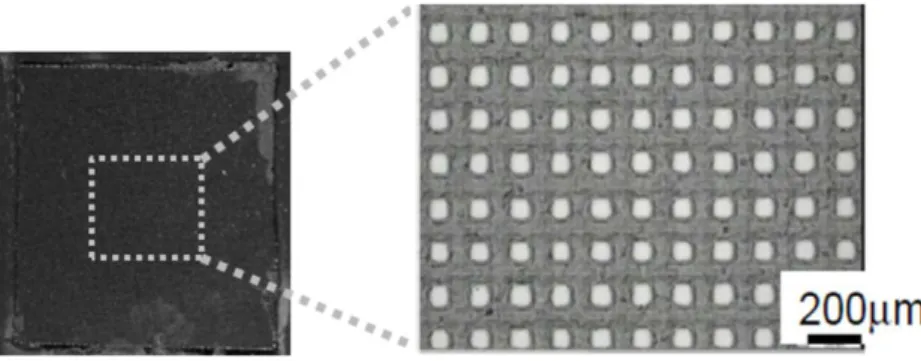 Figure 2: Regular grid laser engraved onto the surface (left), and a zoom on the pattern  (right) 