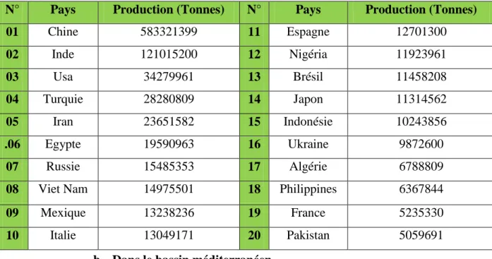 Tableau  1  :  principaux pays  producteurs  des  cultures  maraichères  dans  le  monde  (tonnes)  (FAO,  2015) 