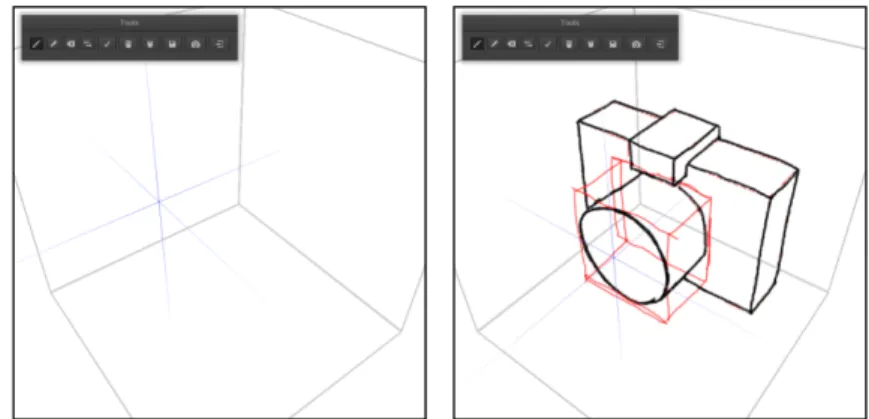 Figure 2.7: Screenshots of our user interface. We display axis-aligned lines around the cursor to guide perspective drawing (left, shown in blue)