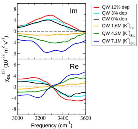 Figure 1. Calculated Imχ (2) ( ω ) and Reχ (2) ( ω ) of the DL (Diffuse Layer) of the (0001) α-quartz–liquid water interface (QW) under various chemical conditions: QW is the fully hydroxylated aqueous surface, “QW + x% dep” are deprotonated states of the 