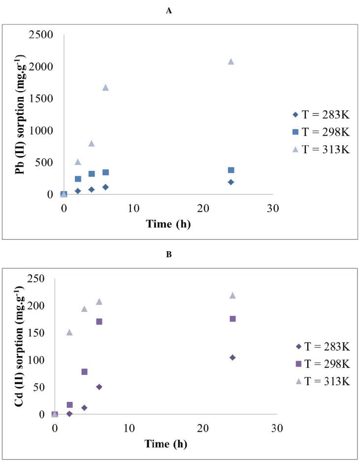 Figure 10: Sorption capacity (mg.g -1 ) by birnessite thin film (HB.3) as function of time  (h) at different temperatures for: A- Pb (II) and B- Cd (II) 