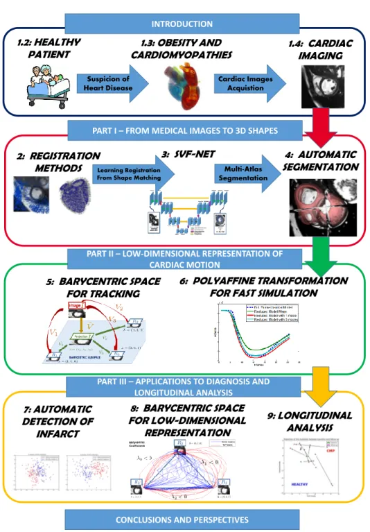 Figure 1.14: The global organization of the manuscript with a pipeline for cardiac motion analysis