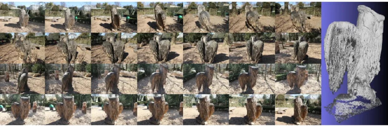 Figure 1.3: Point cloud acquired by photogrammetry. About 30 photos of the owl statue from the EPFL Repository [2] have been taken to produce the point cloud shown on the right (displayed in MeshLab).