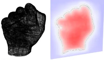 Figure 1.10: Point cloud and implicit function on a slice. The surface is deﬁned by the black isovalue.
