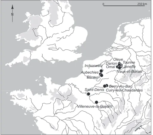 Figure 1. Location map of  deposits in the Paris Basin,  Hainaut and Hesbaye.