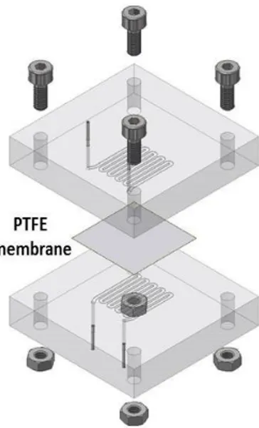 Figure 2: 3D sketch of microfluidic extraction circuit card  with: PTFE membrane; four  tightening  bolts  for  mechanical  stability;  PMMA  block  milled  with  microfluidic  serpentine  channels;  input/output  stainless  steel  tubes
