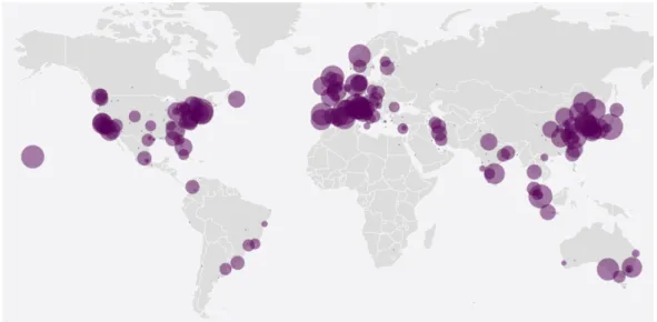 Figure 4. Production map for the 1,004 WOS records of the running example, after  geocoding and aggregation are performed