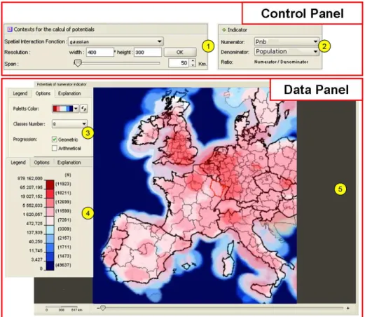 Fig. 6. The HyperSmooth user interface. Control Panel: 1) Spatial interaction function,  scope and resolution, 2) Dataset to explore, Data Panel 3) Options, 4) Legend, 5) Interactive  grid map