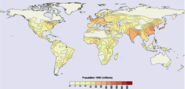 Fig. 1. Potential map of population in the World, Gaussian function, with a scope of 250 km