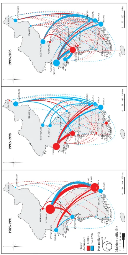 Figure 2: Geographical evolution of inter-Korean maritime networks, 1985-2005 (Unit: % DWT)  Data source: Lloyd‟s Marine Intelligence Unit 