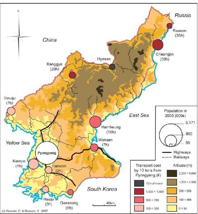 Figure 1: The North Korean transport system and truck accessibility of main cities 