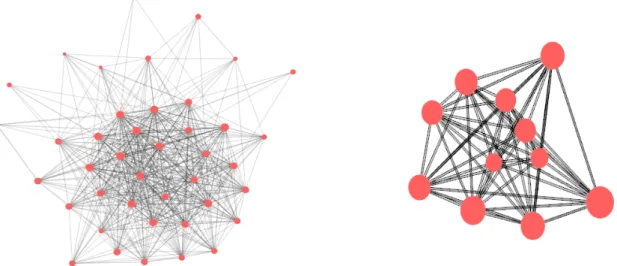 Fig 1. Example of community found in Louvain 2 (left) and in MCL (right). Vertices sizes correspond to the relative proportion of items where the corresponding state appears in the dataset.