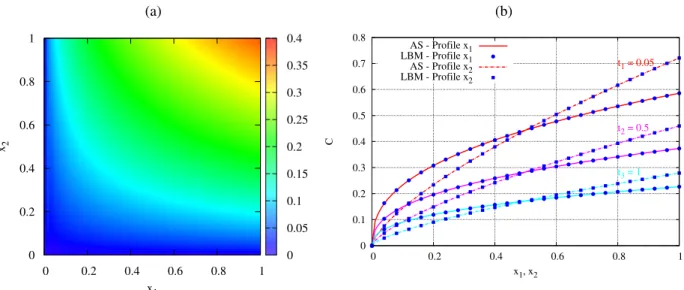 Figure 7: Solutions of the 2D Eq. (1) in the conditions described by Eqs (27). (a) Concentration field at t = 1 from MRT LBM with a 1 = 0.4, a 2 = 0.7, p 1 = p 2 = 1