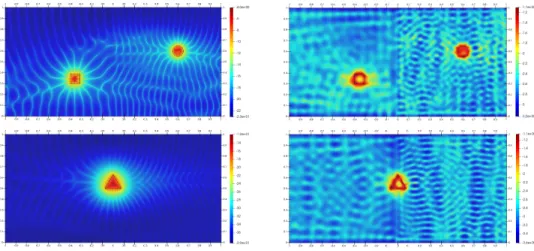 Figure 5: Full-scattering, κ “ 40 (P “ 13) and ˜ κ “ 60 ( ˜ P “ 20). Top left: obstacle 3 and exact data