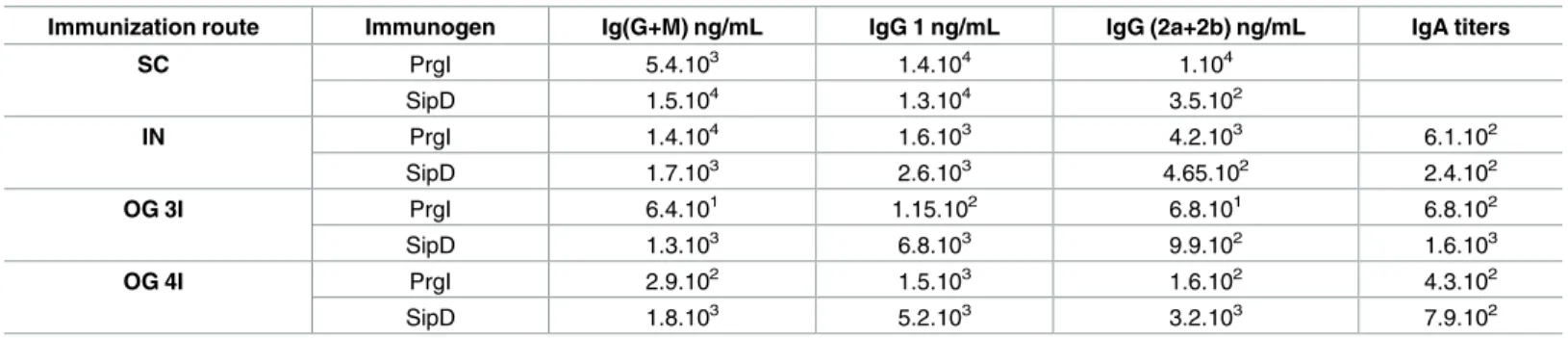 Table 1. Summary of the antibody responses (IgG and IgA) after the last immunization with PrgI or SipD by the SC, IN and OG routes.