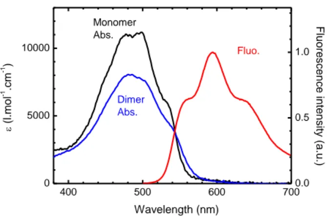 Fig. 2Black and blue lines are the absorption coefficients of DOX  monomers and one DOX molecule in dimers, respectively, calculated 